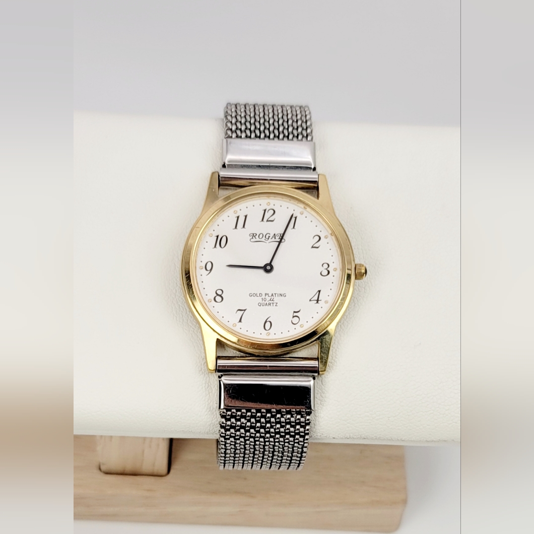 Vintage Rogar Ro022m Goldplated 10 Quartz Unisex Watch Mesh Stretch Band
